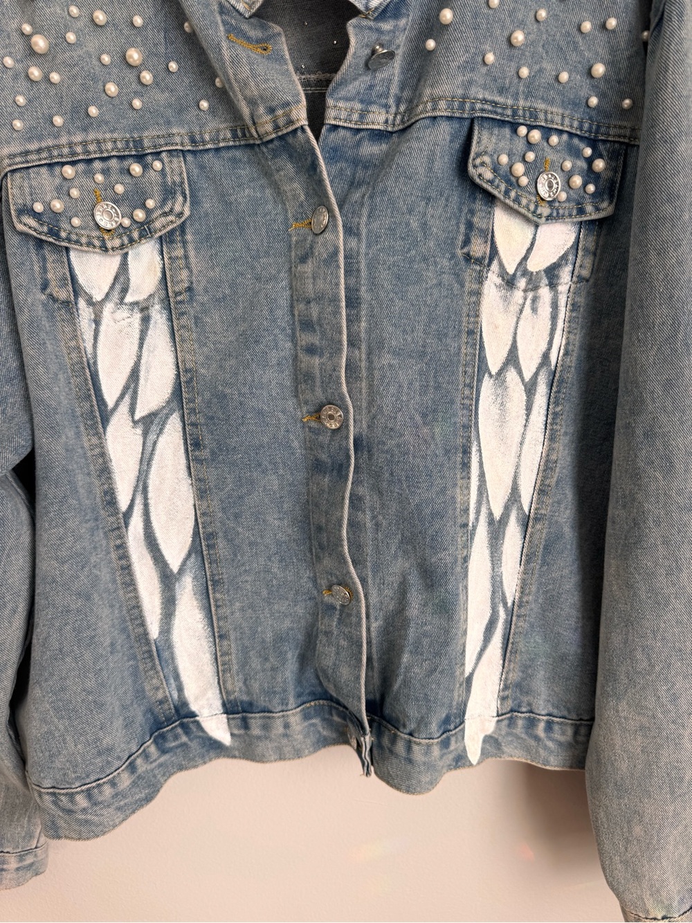 Hand Painted Angel Denim Jacket Pearl Studded Custom Artist Jacket Size M - Picture 8 of 12